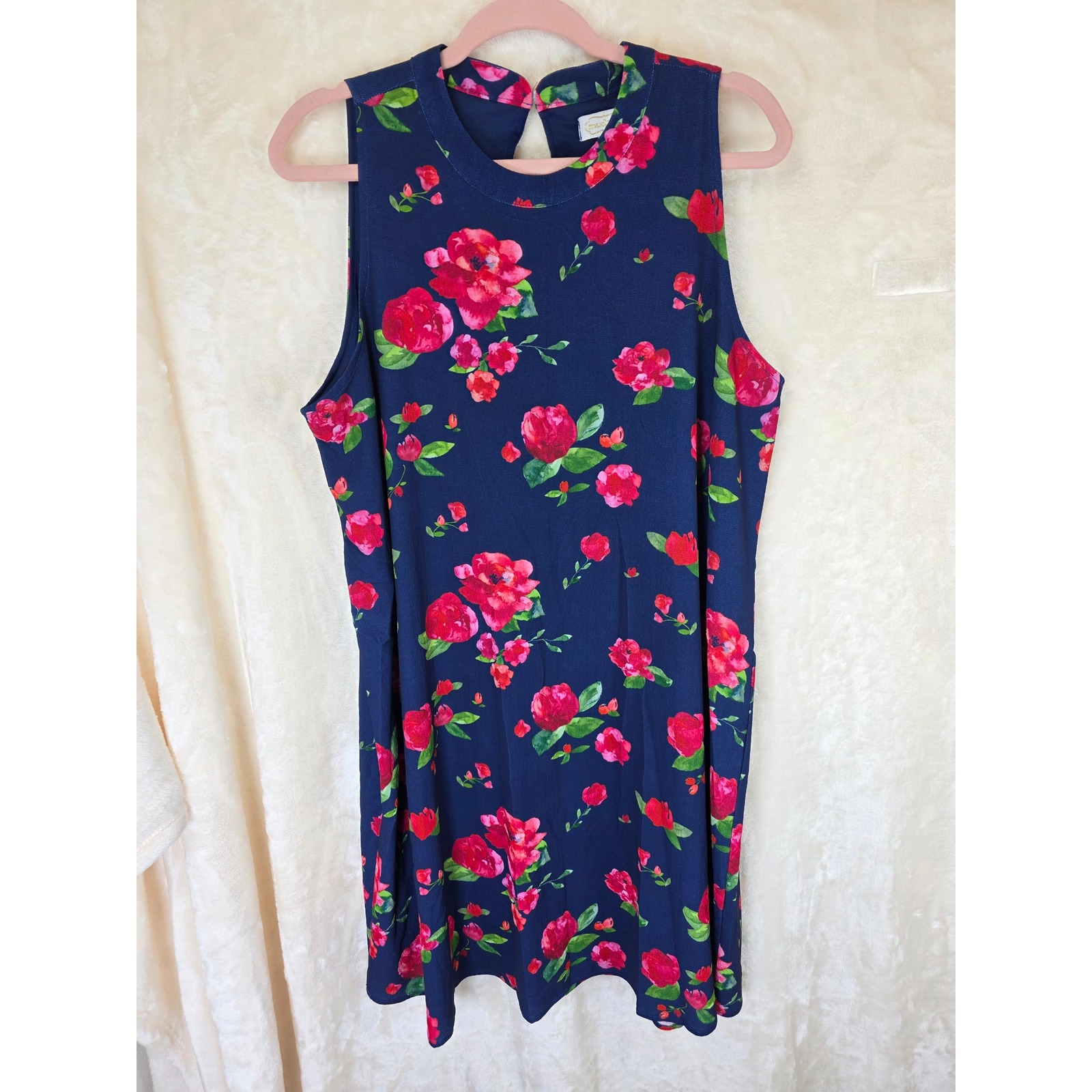 Mud Pie Navy Blue Pink Rose Floral Mock Neck Keyhole Shift Dress Womens Large